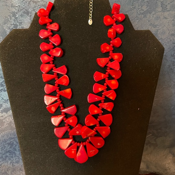 Jewelry - Red Coral fan shape bead necklace. LUC 925 mark